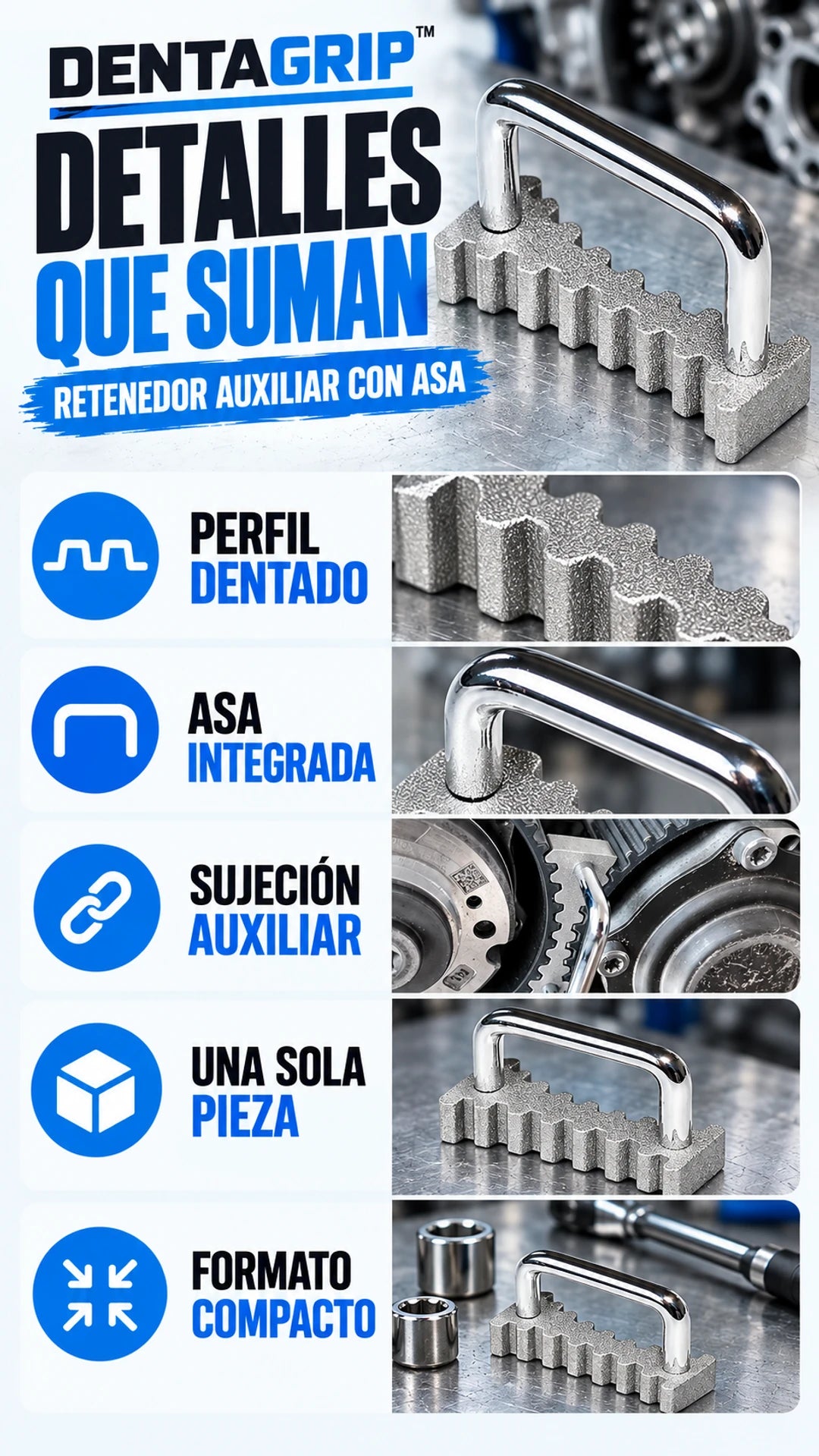 Cinco detalles del retenedor dentado con asa