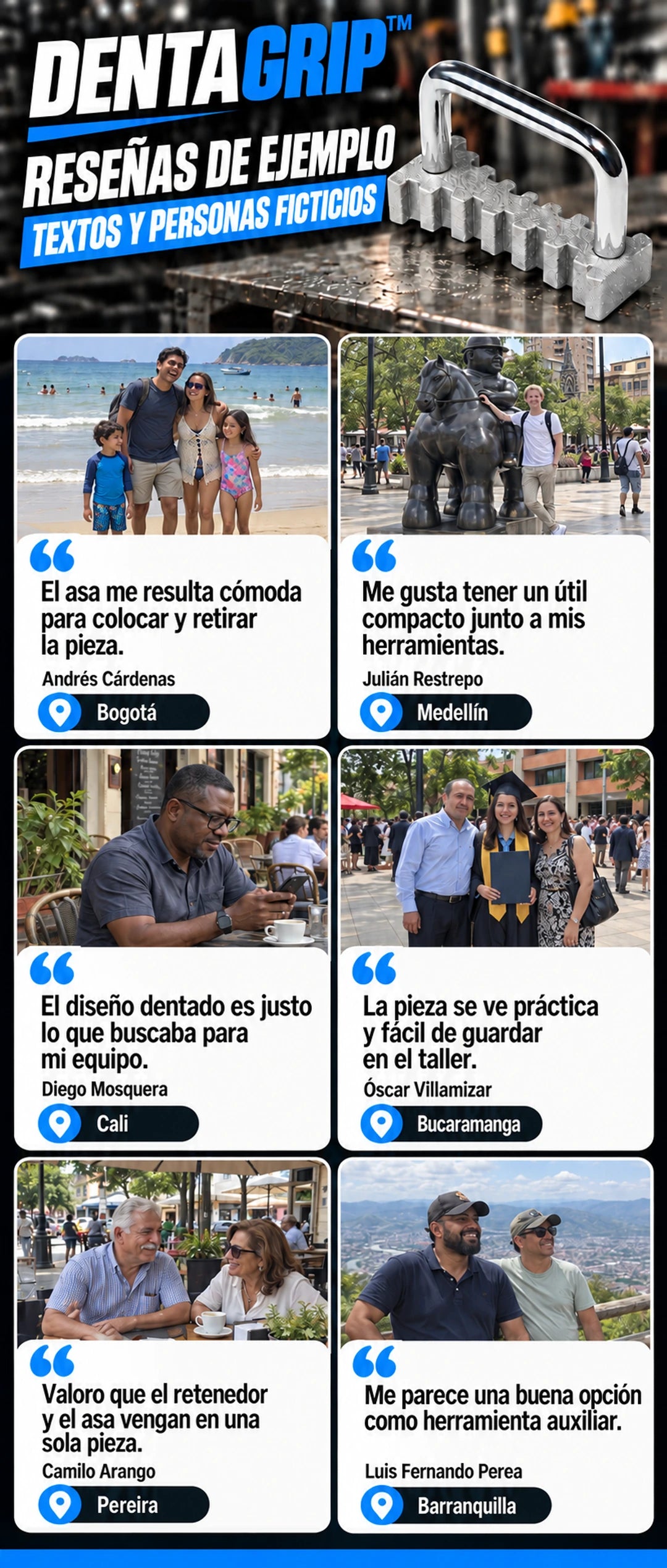 Seis reseñas de ejemplo: textos y personas ficticios, retratos IA en escenas cotidianas y familiares