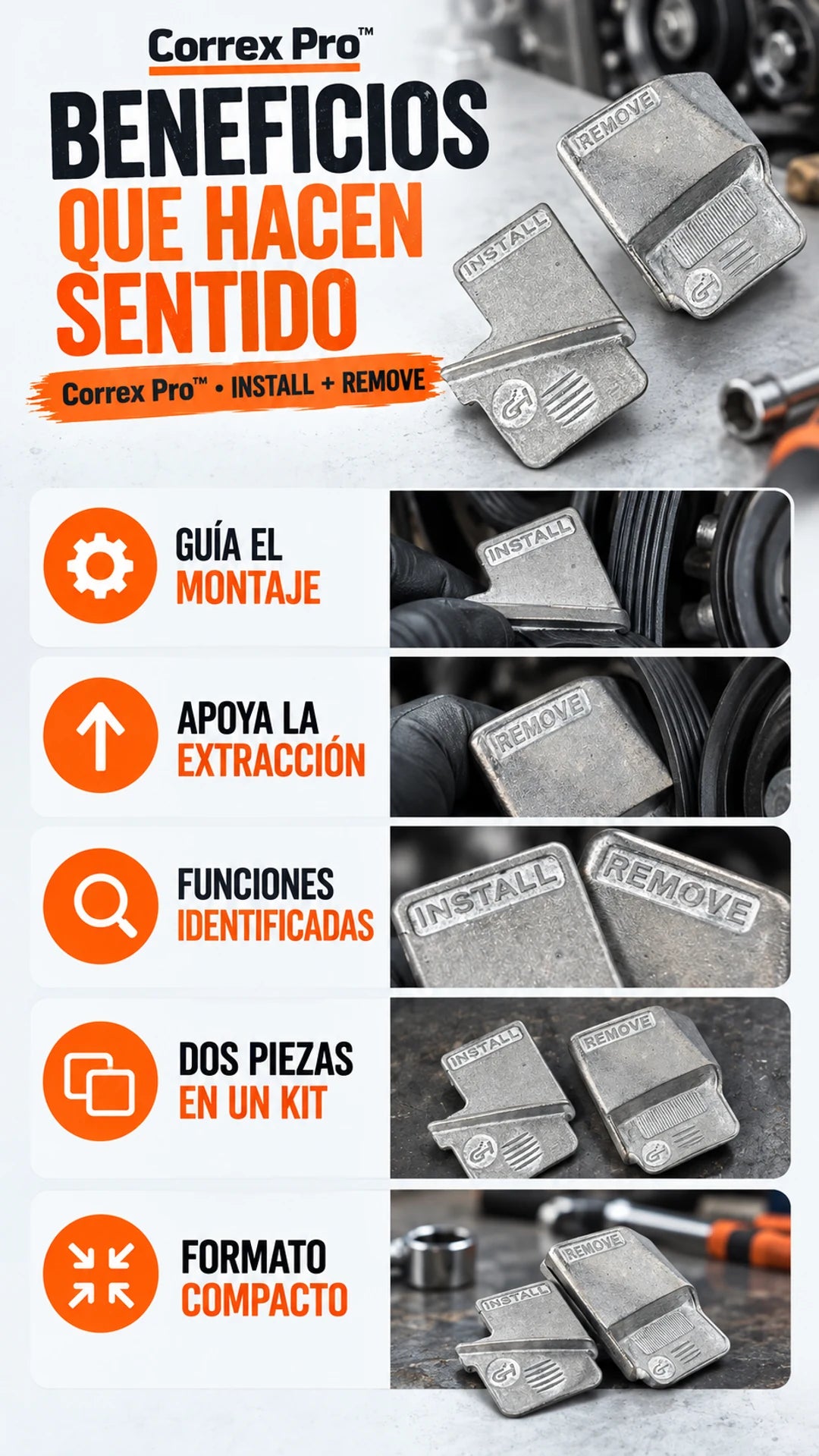 Beneficios: cinco filas con icono, texto y foto · Correx Pro™