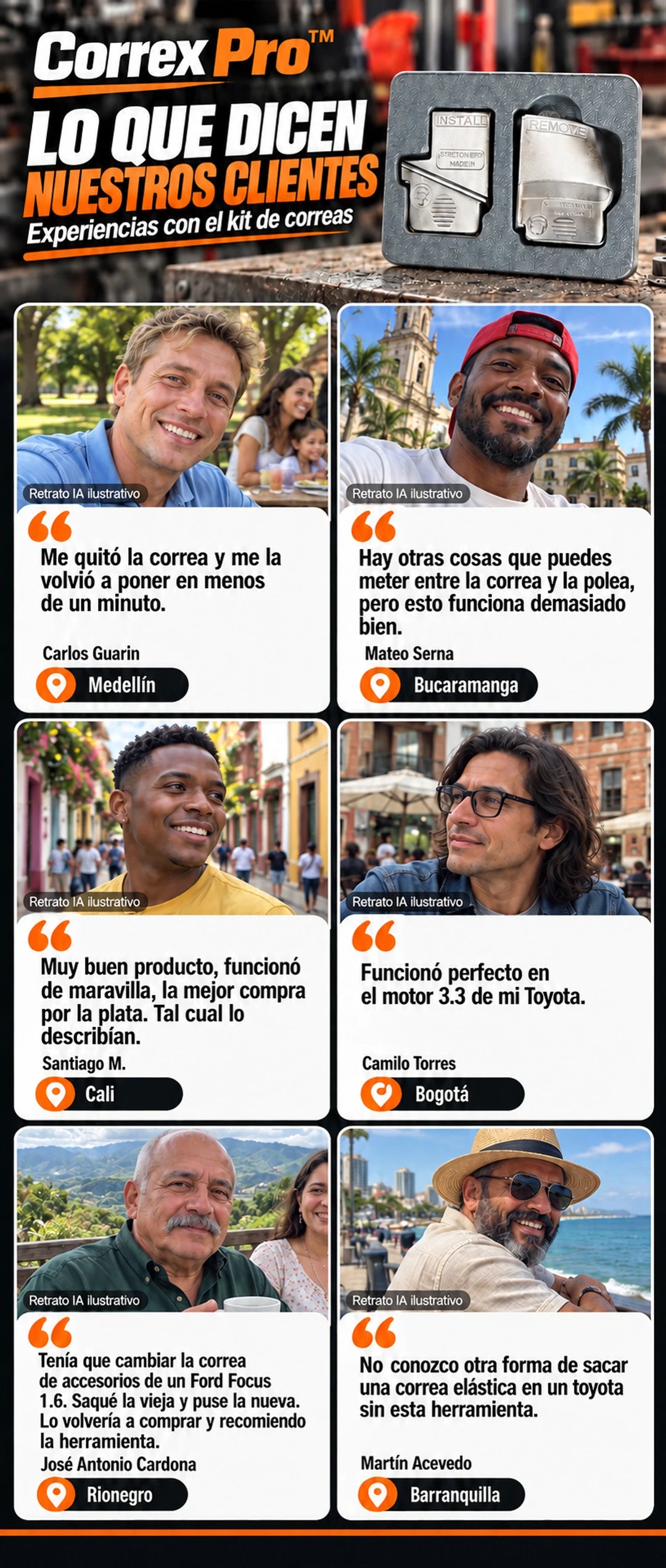Seis reseñas compartidas por la tienda, con retratos ilustrativos generados con IA que no representan a sus autores